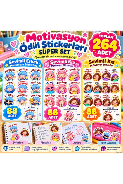 264 adet 3 farklı sevimli karakter öğretmen etiketi | Motivasyon & Başarı Sticker – A4 Premium