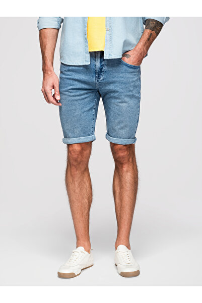 OMBRE Pantaloni scurți din denim pentru bărbați, cu tiv rulat, albastru desch...