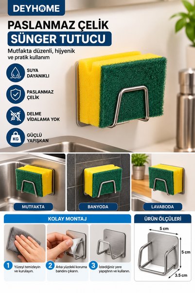 DEYHOME 1 Piece Stainless Steel Adhesive Dish Sponge Holder Sink Organizer Un...
