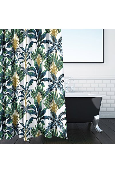OEM Perdea Dus Alba cu Model Frunze Tropicale Mari Verzi 180x180cm