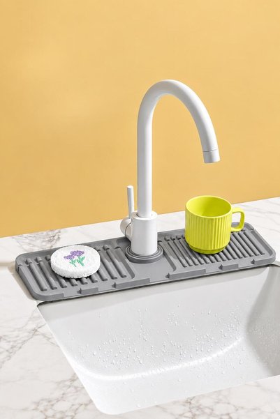 sanal trend Matte Gray Color 30 cm Kitchen Bathroom Sink Edge Silicone Mat Silicone Faucet Water Splash Preventer 1 Piece