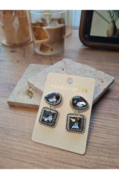 ACCESORİOS Black Stone Geometric Double Figure Design Women's Steel Earrings