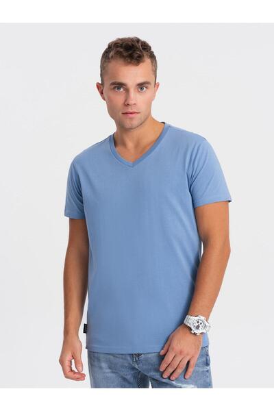 OMBRE Tricou clasic de bumbac BASIC pentru bărbați, cu decolteu tip serape, a...