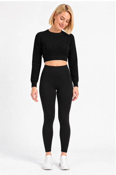 mrm pro Women's Black High Waist Gathering Tights Stretchy Soft Fabric Sports Casual Long Tights