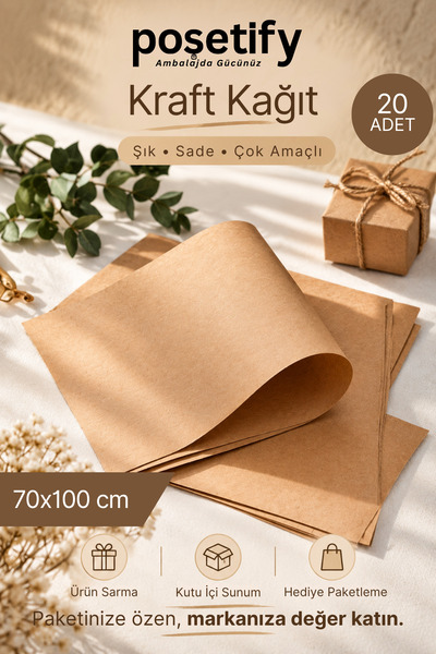 POŞETİFY Düz Kraft Paketleme Kağıdı 20’lu | 70x100 cm | Çok Amaçlı Ambalaj Kâ...