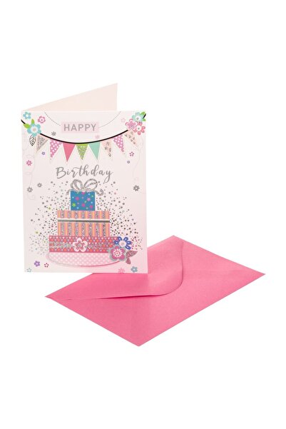 OEM Felicitare Zi de Nastere Alba cu Model Tort Cadou Folie Argintie "Happy B...