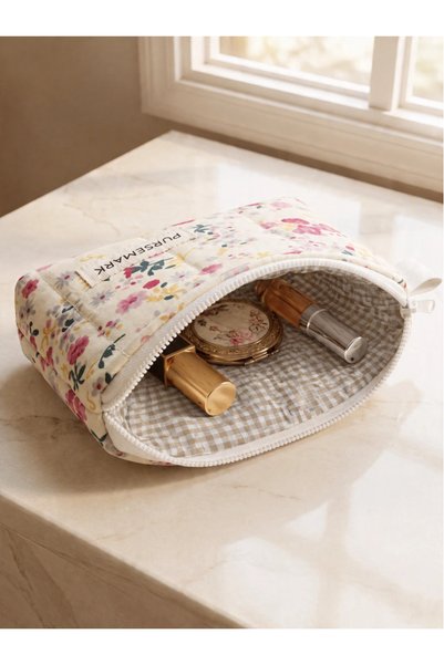 PURSEMARK Cream Floral Patterned Handmade Small Wallet