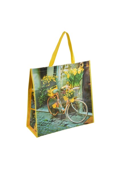 OEM Sacosa Reutilizabila din PP Galbena cu Model Bicicleta & Flori 50x19x50cm