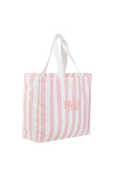 OEM Sacosa Textila Roz Alba cu Model Dungi ”Paris Je T'Aime” 46x13x39cm
