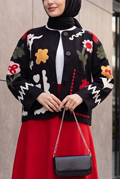 Modamorfo Buttoned Front, Embroidered, Pocketed Gabardine Jacket - Black
