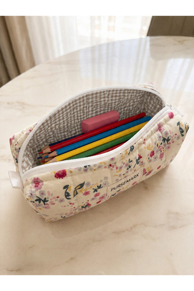 PURSEMARK Cream Floral Patterned Large Zippered Pen Holder – Multi-Purpose Fabric Pencil Case