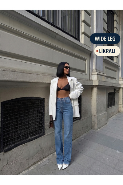 HLT JEANS Kadın Mavi Yıkamalı Wide Leg Yüksek Bel Likralı Jean Kot Pantolon JESSİCA-AÇMAVİ