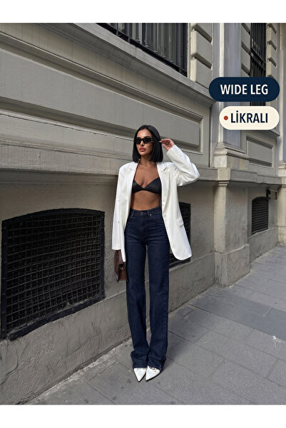 HLT JEANS Blugi de damă albastru marin, cu picior larg, talie înaltă, stil pa...