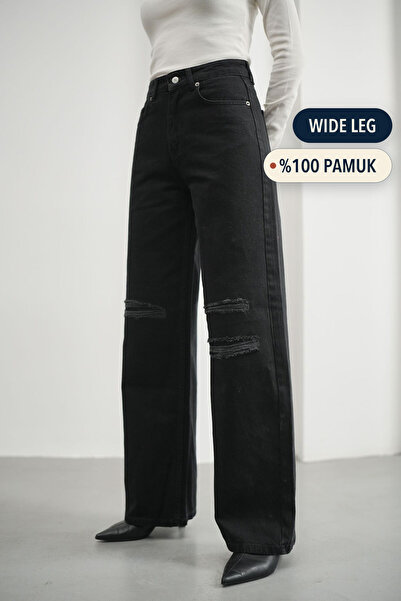 HLT JEANS Γυναικείο μαύρο σκισμένο παντελόνι τζιν με φαρδιά μπατζάκια και ψηλ...