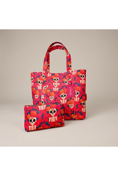 SOLVİDA Çiçekli İskelet Desenli Tote Çanta ve Pouch Seti