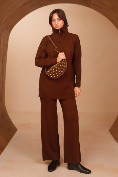 Balenbi Women's Half Zipper Wide Collar Hijab 2-Piece Knitwear Set 4816 Brown