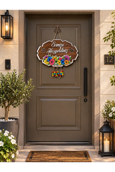 Göral Home Life Evimize Hoşgeldiniz Yazılı Ahşap Kapı Süsü(CEVİZ RENGİ) Renkl...