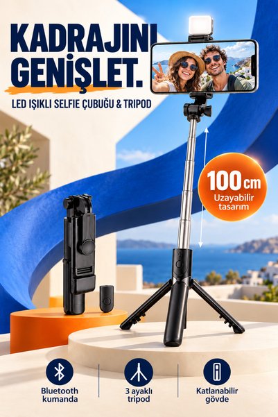 ABRAXTECH Bluetooth Kumandalı LED Işıklı Selfie Stick Tripod 100 CM Uzatılabi...