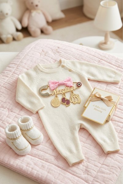 Serap Yılmaz Sahi Coated Mashallah Written Pink Polka Dot Stone Baby Lapel Pi...