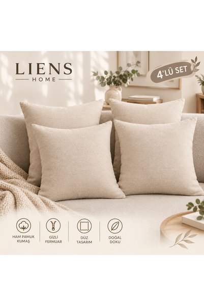 LIENS HOME Kırlent Kılıfı 4'lü Set Ham Pamuk Kumaş Keten Dokulu Bohem Dekoratif