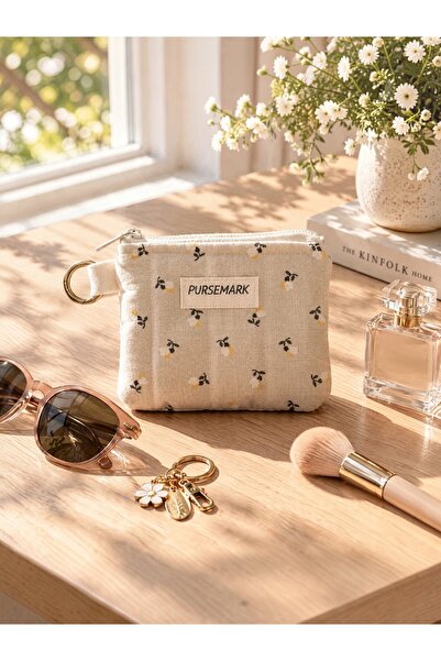 PURSEMARK Cream Yellow Floral Patterned Handmade Small Wallet