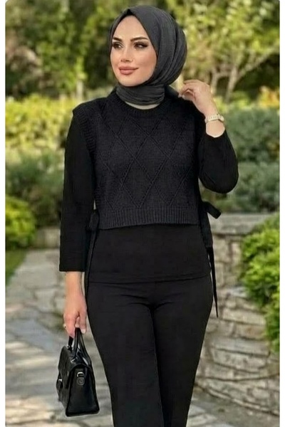 Genel Markalar Yanları Bağlamalı Triko Süveter Ajurlu Örgü Vest