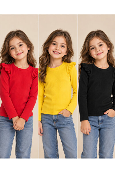 özge başaran Girl's 3-Piece Long Sleeve Ribbed Bodysuit Set - Yellow Black Re...