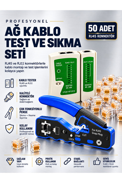 PEMBERTON Profesyonel RJ45 RJ11 Test ve Sıkma Seti – Çok Fonksiyonlu Sıkma Kesme Sıyırma Pensesi + Kablo Test Cihazı + 50 Adet RJ45 Konnektör Cat5 Cat5e Cat6 Ethernet LAN İnternet Kablo Ucu Montaj Tamir Seti