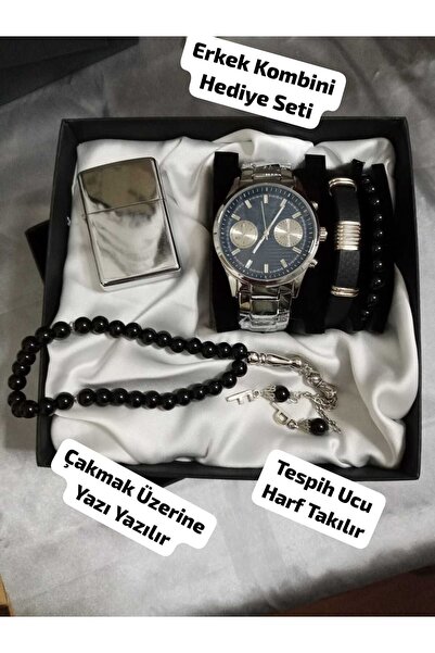 QUARTZ Özel Kutulu Hediyelik Çakmaklı Erkek Kombin Saat Seti , (GÜMÜŞ TASARIM...