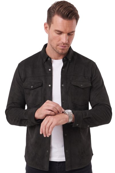 DeepSEA Erkek Siyah Kırışmayan Süet Kumaş ÇıtÇıtlı Cepli Slim Fit Mevsimlik Gömlek 2302329
