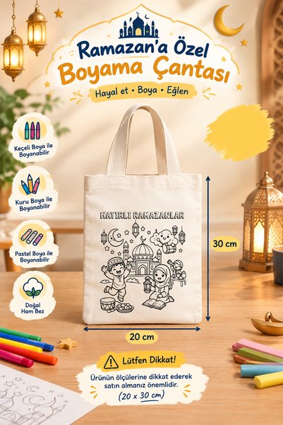 aprendi dünyanı ve kendini koru,ham bez kullan Ramazan Temalı Çocuklara Özel 10’lu Boyama ÇANTASI – Eğlenceli Etkinlik Seti (20x30 cm)