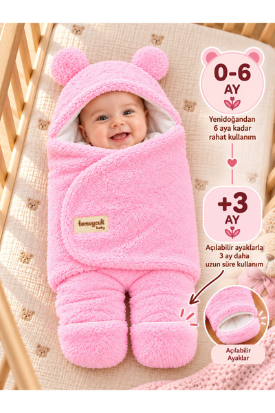 Tomuycuk Pink Welsoft Winter Baby Blanket with Openable Feet, Swaddle and Sle...