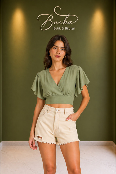 Becha Butik Ruffle Sleeve Detailed Crop Blouse