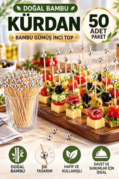 TOYFEST 50-Piece Set of 12 cm Bamboo Toothpicks with Silver Ball Heads – Styl...