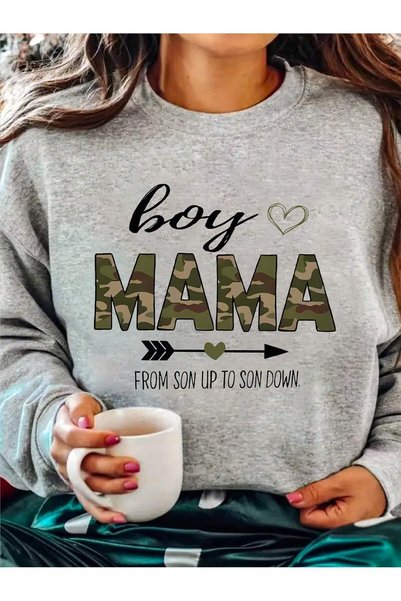 Mythologie 3 İplik Boy Mama Winter Sweatshirt - Gray Printed Oversize Crew Neck
