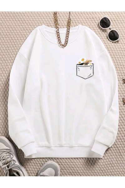 Mythologie 3 Thread Floral Pocket Design Thick Winter Sweatshirt - White Prin...