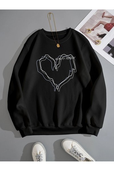 Mythologie 3 İplik Beauty Striped Heart Winter Thick Sweatshirt - Black Print...