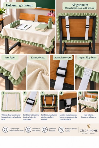 ZİLCA HOME Elastic-Ruffled School Desk Cover 120X55 cm – Double Student Desk ...