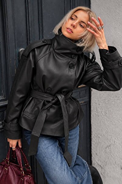 mega lucky Premium Black Faux Leather Stand Collar Lined Women's Leather Jacket