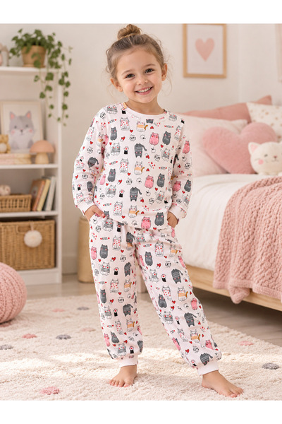 Little Pumpkin Sezonski set pidžama za devojčice sa mačkastim uzorkom