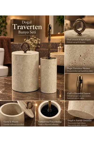 Doğal Traverten Mermer 2 Parça Banyo Seti – Çöp Kovası ve Tuvalet Fırçalığı – Eskitme Mat Gold