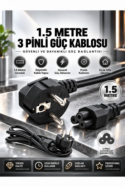PEMBERTON 1.5 Metre C5 Yonca Tipi Güç Kablosu – 3 Pinli Priz Kablosu