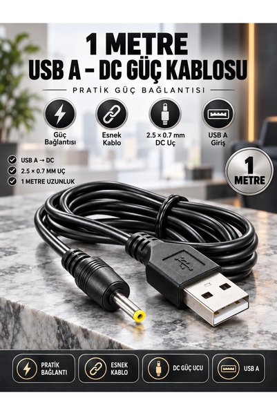 PEMBERTON 1 Metre / 2.5x0.7 mm Ölçülü USB A'dan DC Jak Girişli / Akıllı Cihazlar İçin Evrensel Şarj, Güç Aktarım Kablosu