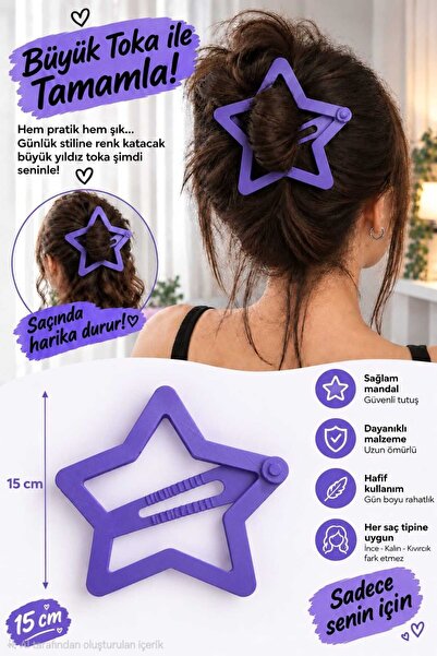 Yıldız Desenli Toka – Big Hair Clip 15 Cm (Mor)