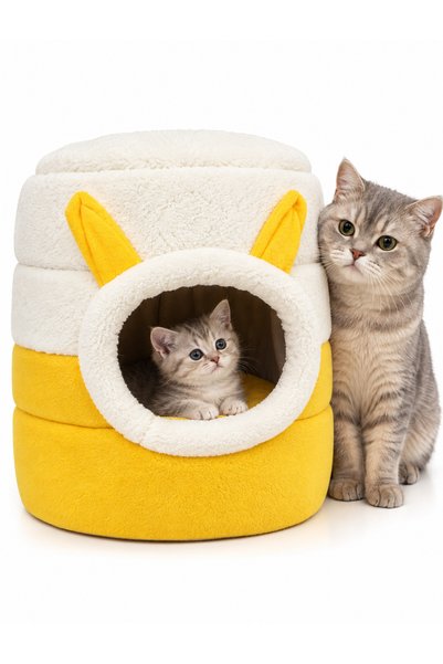 Nerotex Sarı Beyaz Kutu Kedi Yatağı Yuvası Yıkanabilir 40x40 Cm
