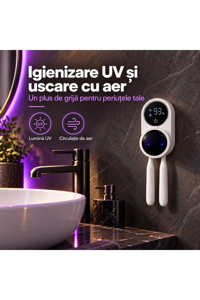 MACASORE Suport Periuțe de Dinți cu Sterilizator UV, Uscare cu Aer, Senzor Infraroșu, Ecran LED, Reîncărcabil, Montaj pe Perete fără Găurire, pentru 2 Periuțe