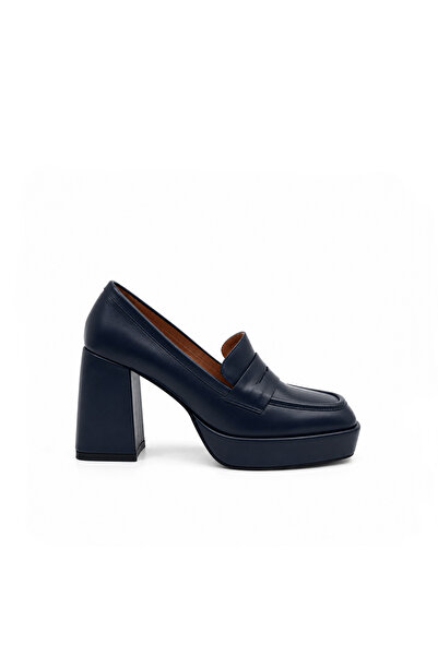Folle Lacivert Platform Topuklu Deri Loafer – 10 cm Neolit Topuklu