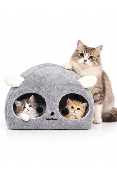 Nerotex Gri Kedi Kafalı Büyük Kedi Evi Yuvası Kedi Kafalı
