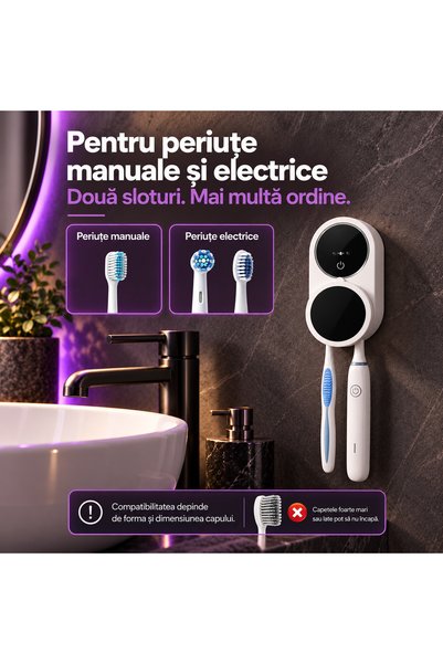 MACASORE Suport Periuțe de Dinți cu Sterilizator UV, Uscare cu Aer, Senzor Infraroșu, Ecran LED, Reîncărcabil, Montaj pe Perete fără Găurire, pentru 2 Periuțe