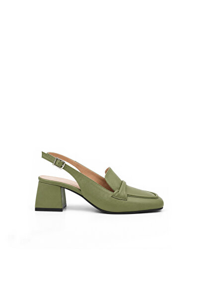 Folle Khaki Green Genuine Leather Slingback Heeled Shoes – 5 cm Heeled Loafer...